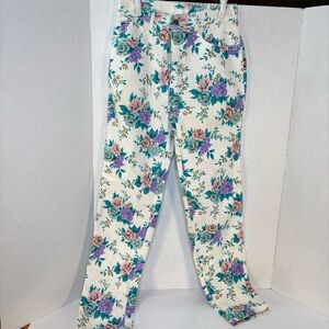 Women's Floral Skinny Pants - White with Teal & Purple Roses. Size Junior 10